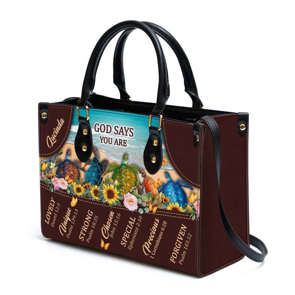 Personalized God Says You Are Lovely Turtle Leather Bag, Christian Pu Leather Bags For Women