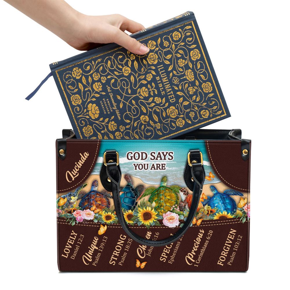 Personalized God Says You Are Lovely Turtle Leather Bag, Christian Pu Leather Bags For Women