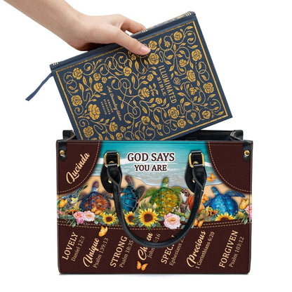 Personalized God Says You Are Lovely Turtle Leather Bag, Christian Pu Leather Bags For Women