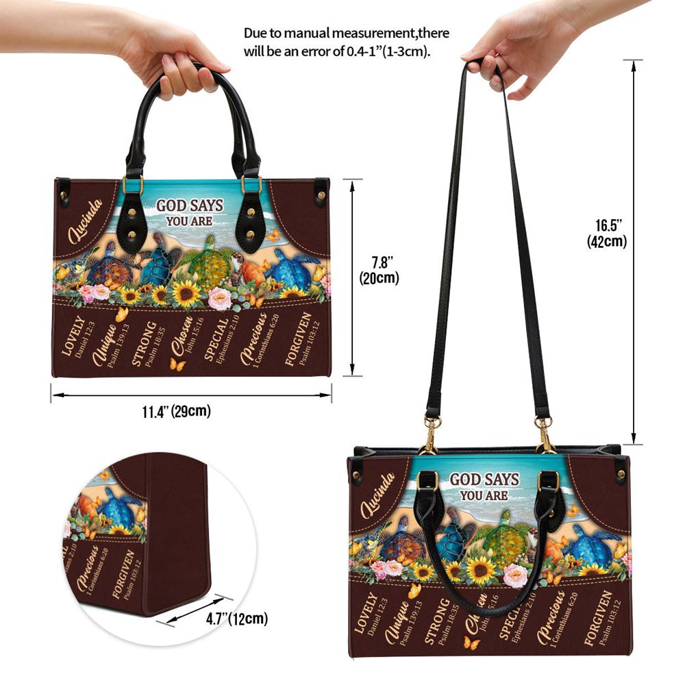 Personalized God Says You Are Lovely Turtle Leather Bag, Christian Pu Leather Bags For Women
