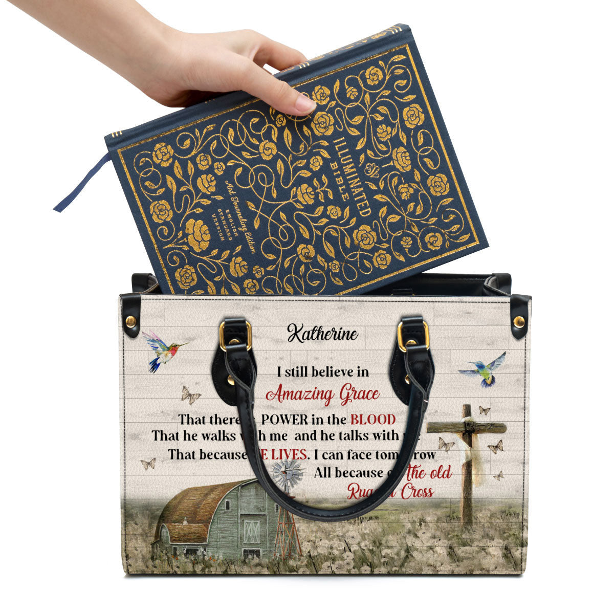 Personalized Gorgeous Cross I Still Believe In Amazing Grace Leather Bag, Christian Pu Leather Bags For Women