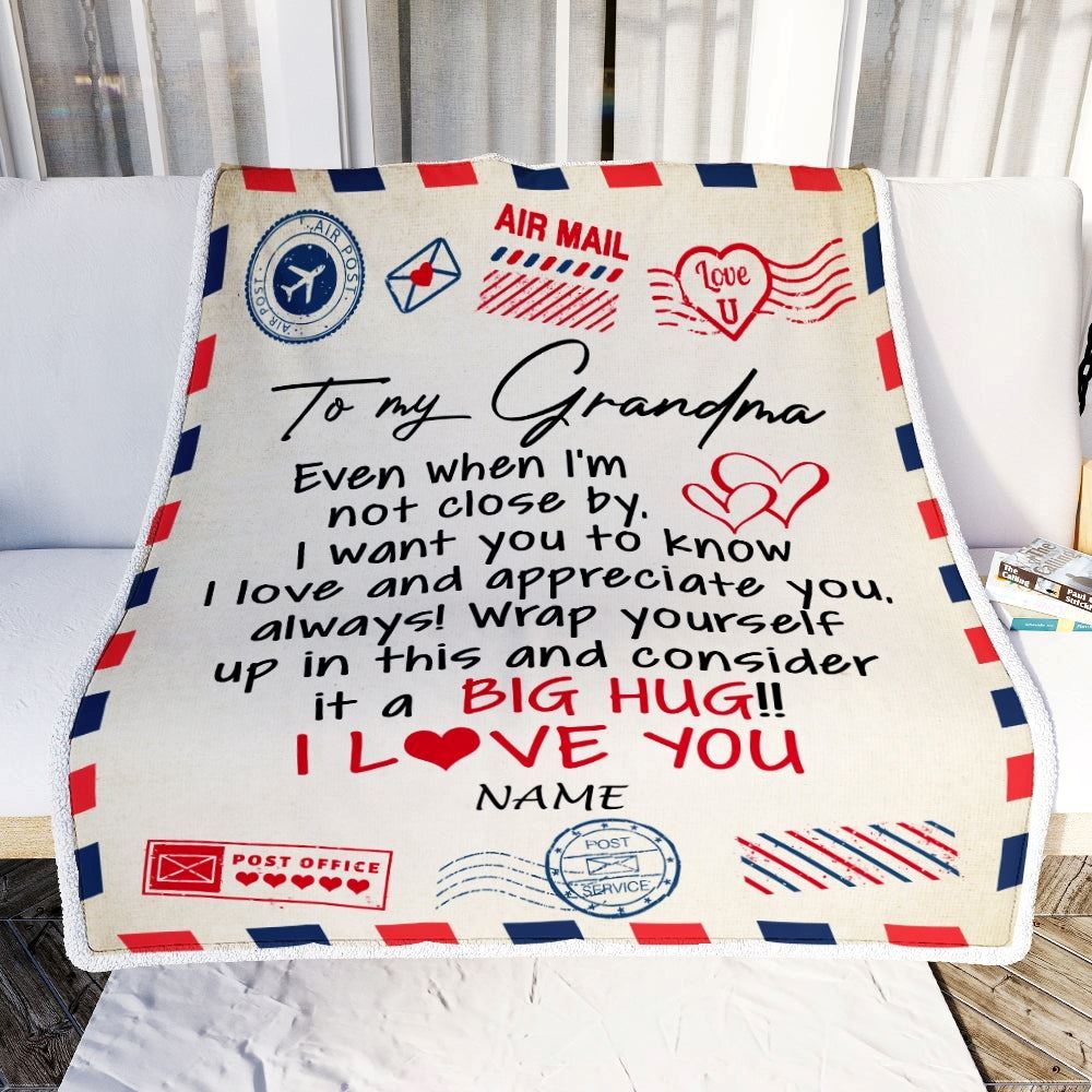 Personalized Grandma Blanket From Grandkids I Love You Hugs Air Mail Letter, Mother's Day Blanket, Mothers Day Birthday Gifts For Mom