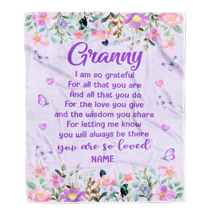 Personalized Granny Blanket From Granddaughter Grandson Floral Butterfly Love You Give, Mother's Day Blanket, Mothers Day Birthday Gifts For Mom