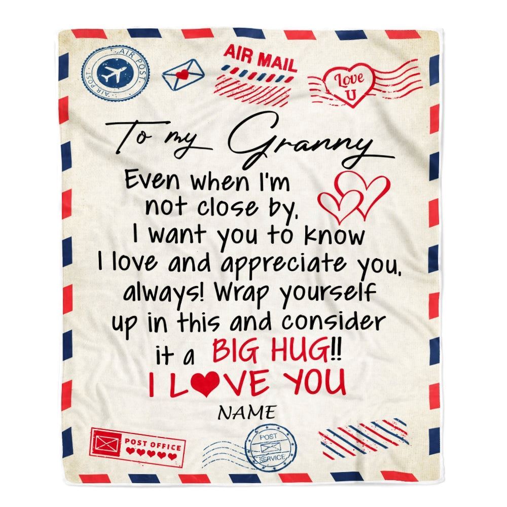 Personalized Granny Blanket From Grandkids I Love You Hugs Air Mail Letter, Mother's Day Blanket, Mothers Day Birthday Gifts For Mom
