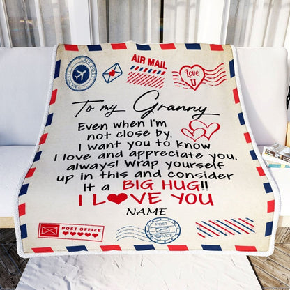 Personalized Granny Blanket From Grandkids I Love You Hugs Air Mail Letter, Mother's Day Blanket, Mothers Day Birthday Gifts For Mom