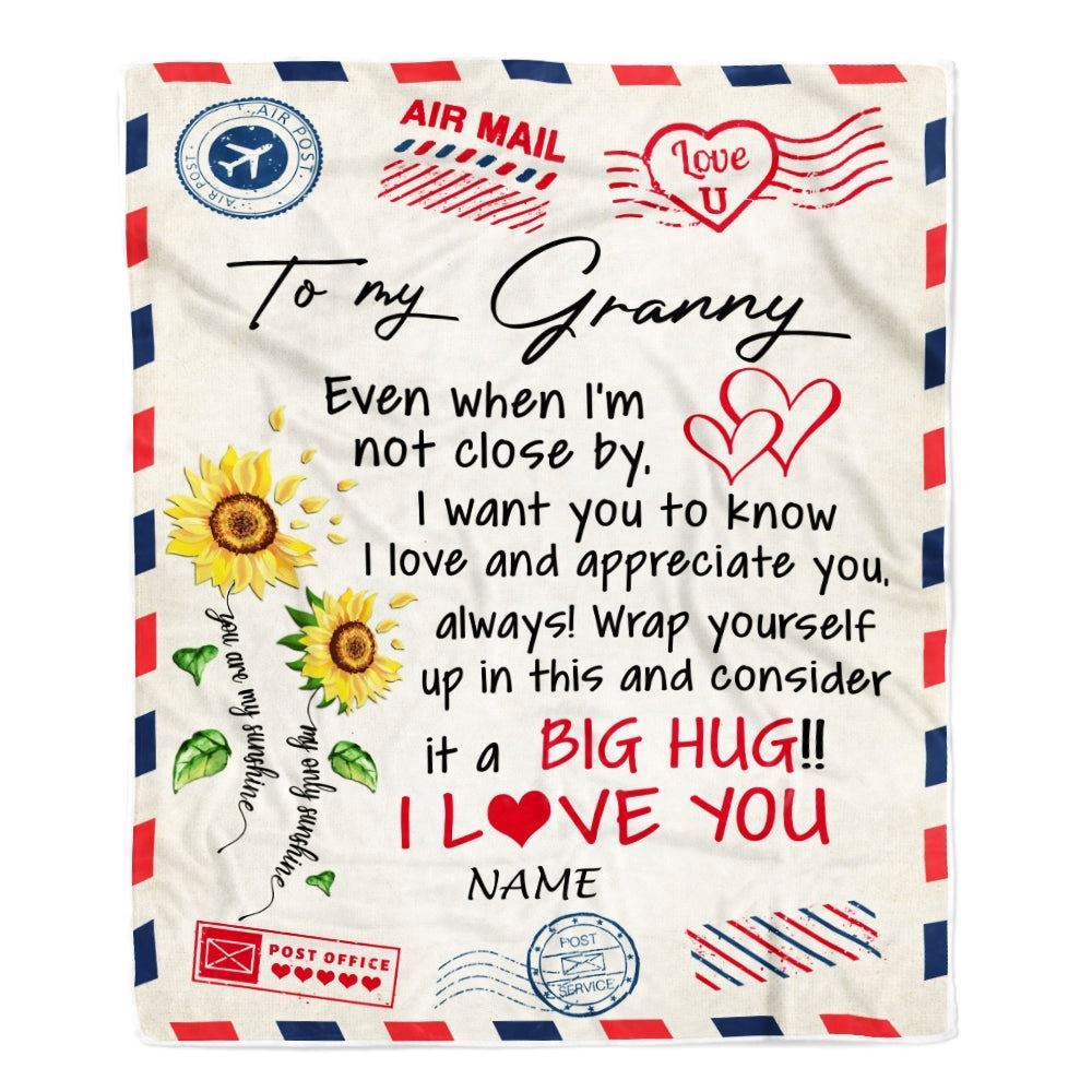 Personalized Granny Blanket From Grandkids Love Big Hug Air Mail Letter Sunflower, Mother's Day Blanket, Mothers Day Birthday Gifts For Mom