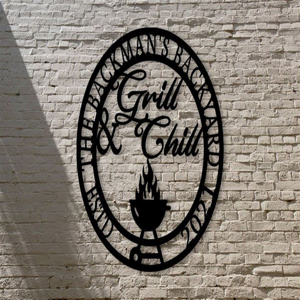 Personalized Grill And Chill Metal Wall,Name Patio Metal Sign, Bbq Wall Art Decor, Metal Pub And Bar Sign Decor