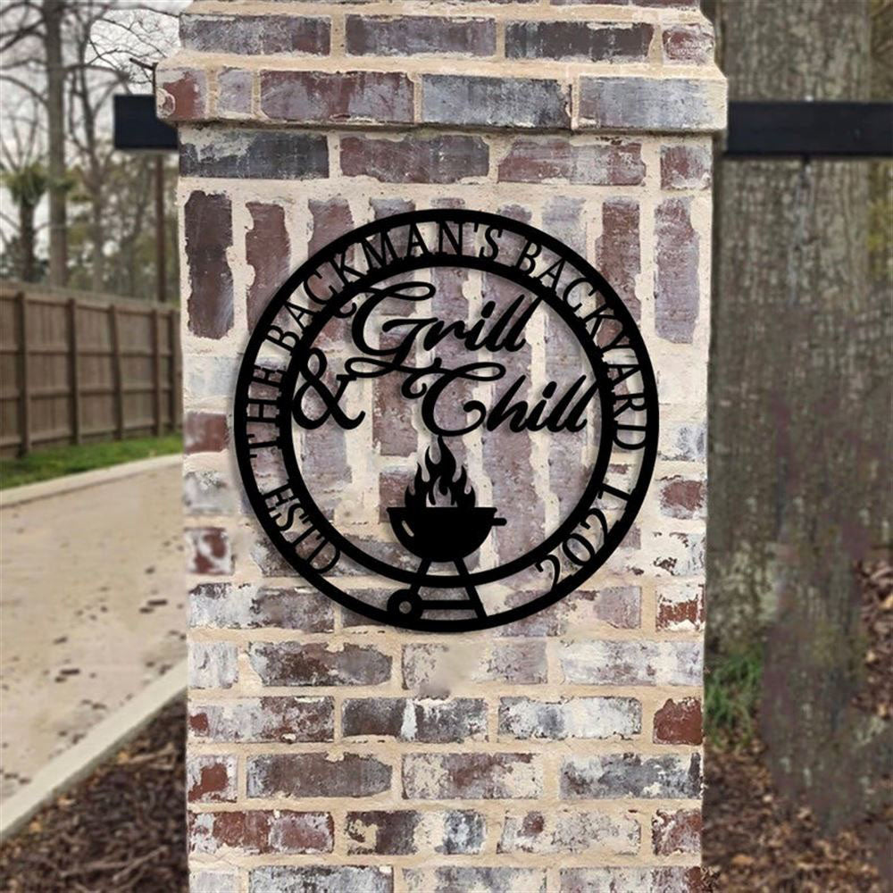 Personalized Grill And Chill Metal Wall,Name Patio Metal Sign, Bbq Wall Art Decor, Metal Pub And Bar Sign Decor