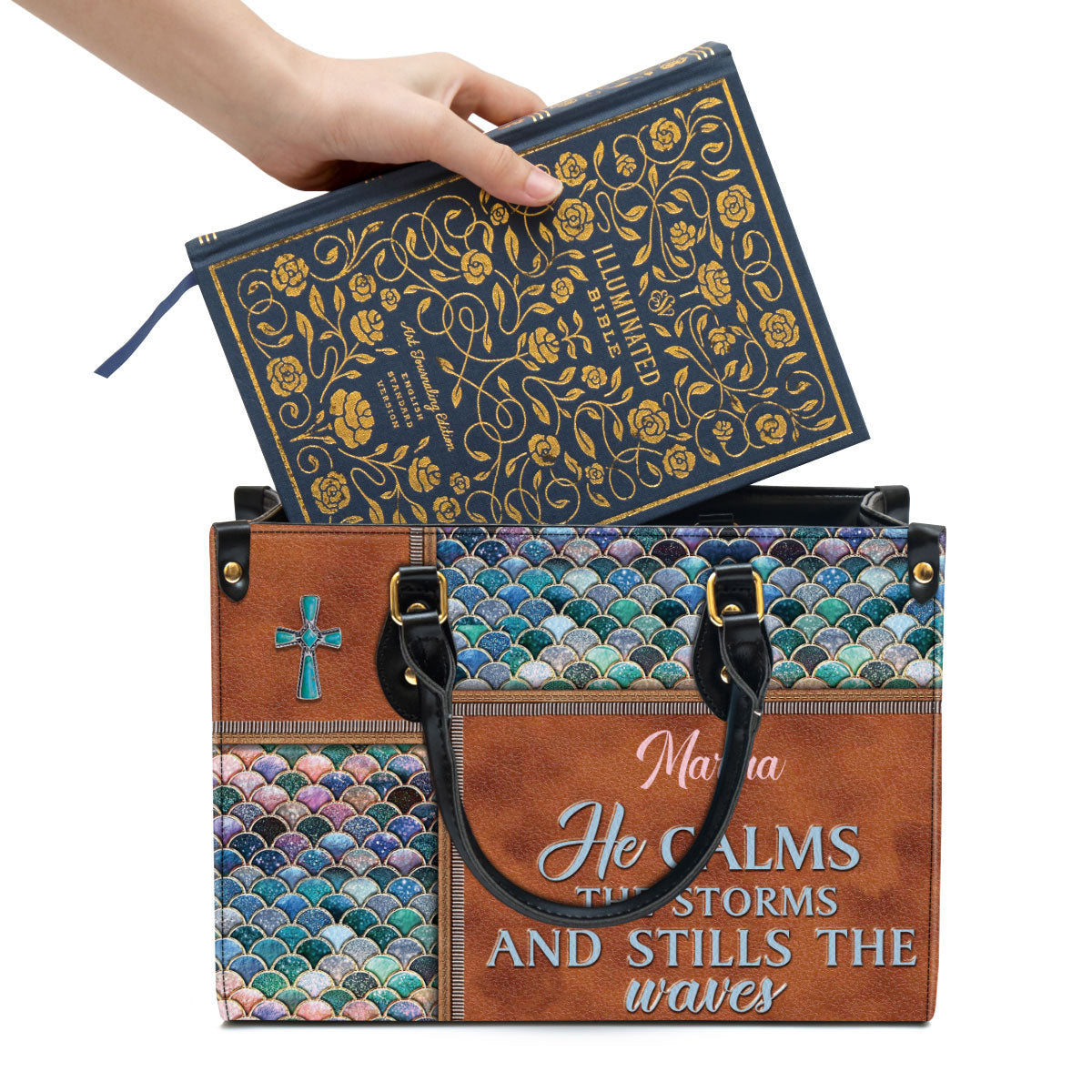 Personalized He Calms The Storms And Stills The Waves Unique Leather Bag, Christian Pu Leather Bags For Women