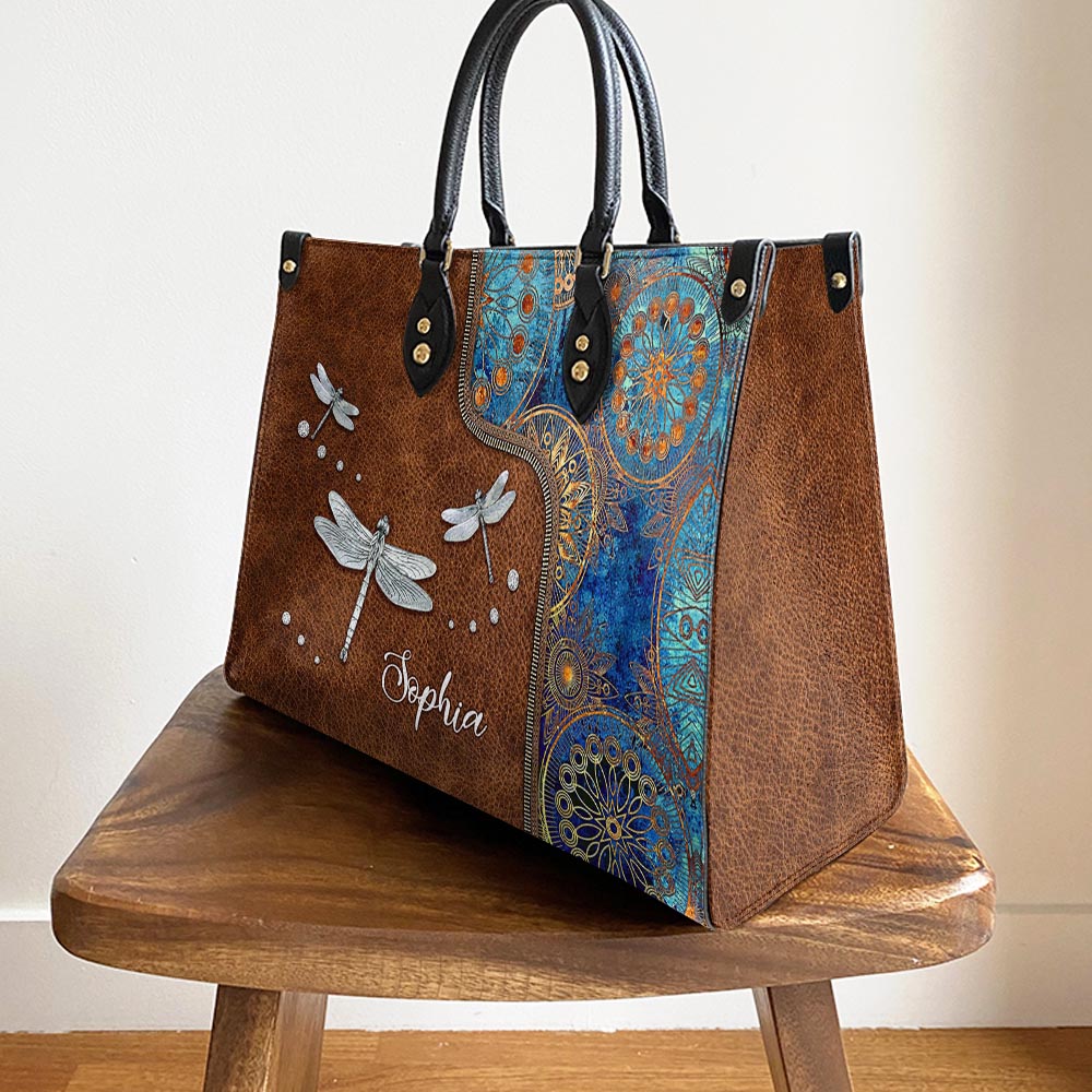 Personalized Hippie Dragonfly Abstract Art Leather Bag, Women's Pu Leather Bag, Best Mother's Day Gifts