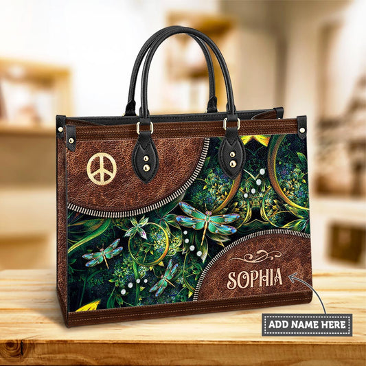 Personalized Hippie Dragonfly Peace Sign Leather Bag, Women's Pu Leather Bag, Best Mother's Day Gifts