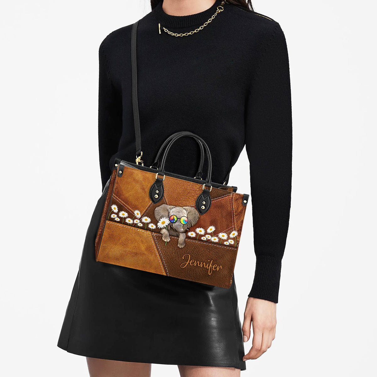 Personalized Hippie Elephant Daisy Leather Bag, Women's Pu Leather Bag, Best Mother's Day Gifts