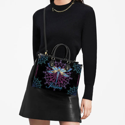 Personalized Hippie Purple Dragonfly Leather Bag, Women's Pu Leather Bag, Best Mother's Day Gifts