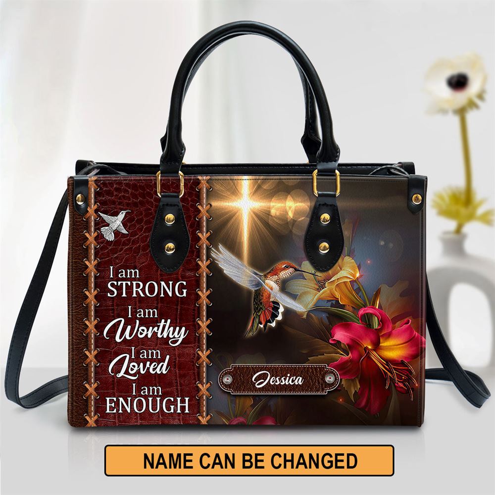 Personalized Hummingbird I Am Strong Leather Bag, Christian Pu Leather Bags For Women