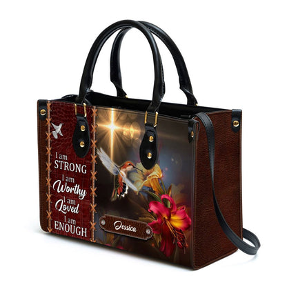 Personalized Hummingbird I Am Strong Leather Bag, Christian Pu Leather Bags For Women