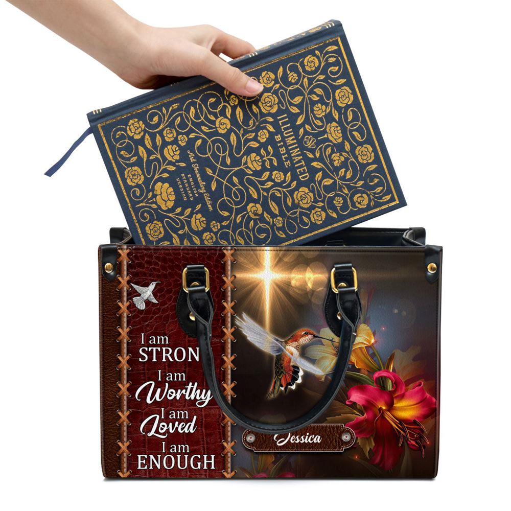 Personalized Hummingbird I Am Strong Leather Bag, Christian Pu Leather Bags For Women