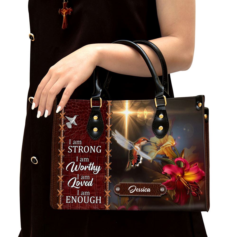 Personalized Hummingbird I Am Strong Leather Bag, Christian Pu Leather Bags For Women