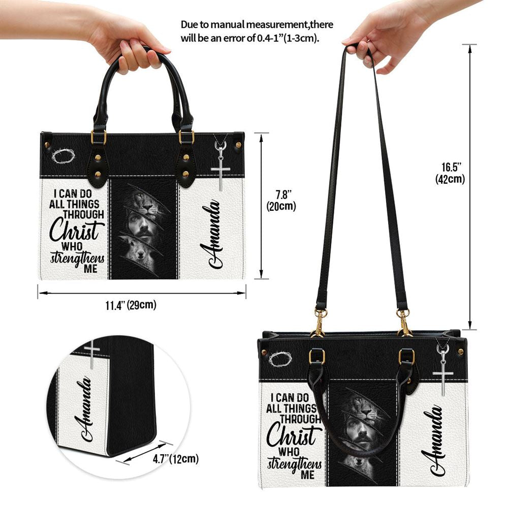 Personalized I Can Do All Things Through Christ Lion Leather Bag, Christian Pu Leather Bags For Women