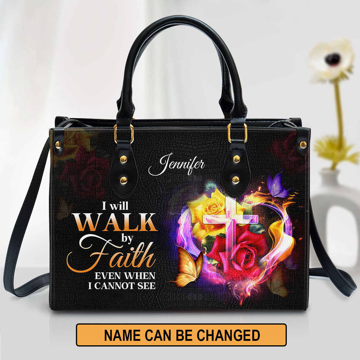 Personalized I Will Walk By Faith Even When I Cannot See Leather Bag, Christian Pu Leather Bags For Women
