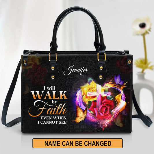 Personalized I Will Walk By Faith Even When I Cannot See Leather Bag, Christian Pu Leather Bags For Women
