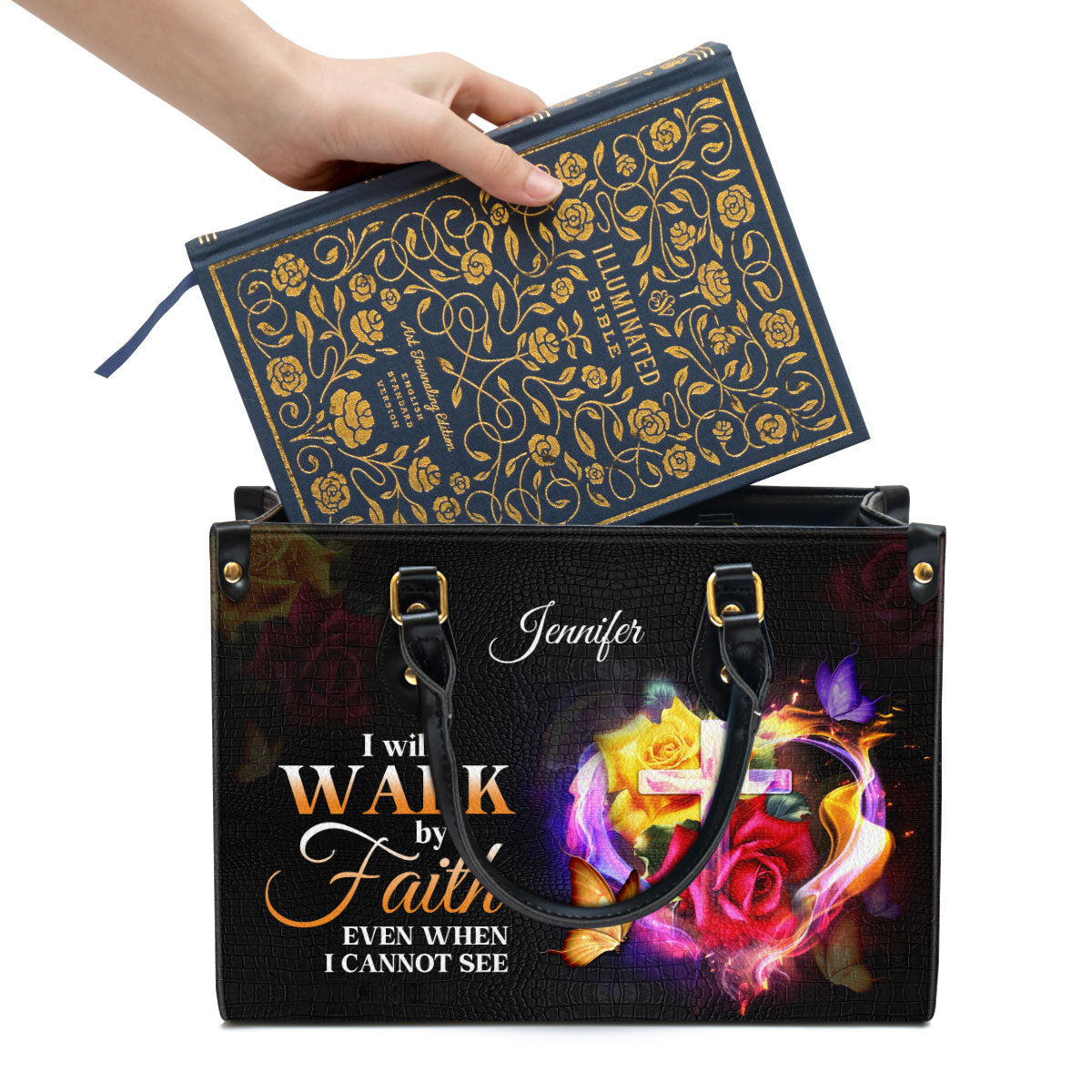 Personalized I Will Walk By Faith Even When I Cannot See Leather Bag, Christian Pu Leather Bags For Women