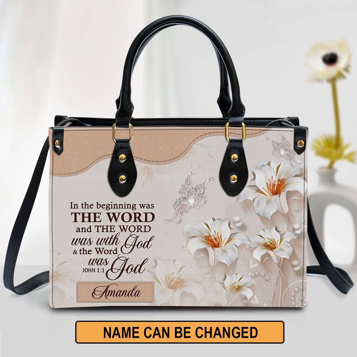 Personalized Lily Leather Bag In The Beginning Was The Word, Women Pu Leather Bag, Christian Gifts For Women