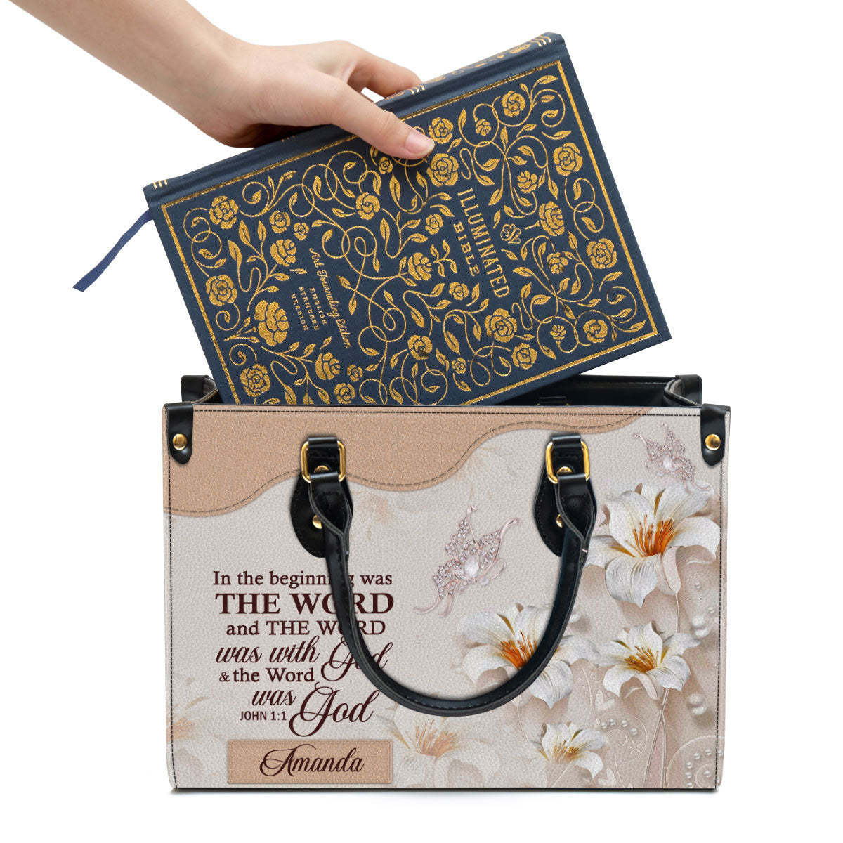Personalized Lily Leather Bag In The Beginning Was The Word, Women Pu Leather Bag, Christian Gifts For Women