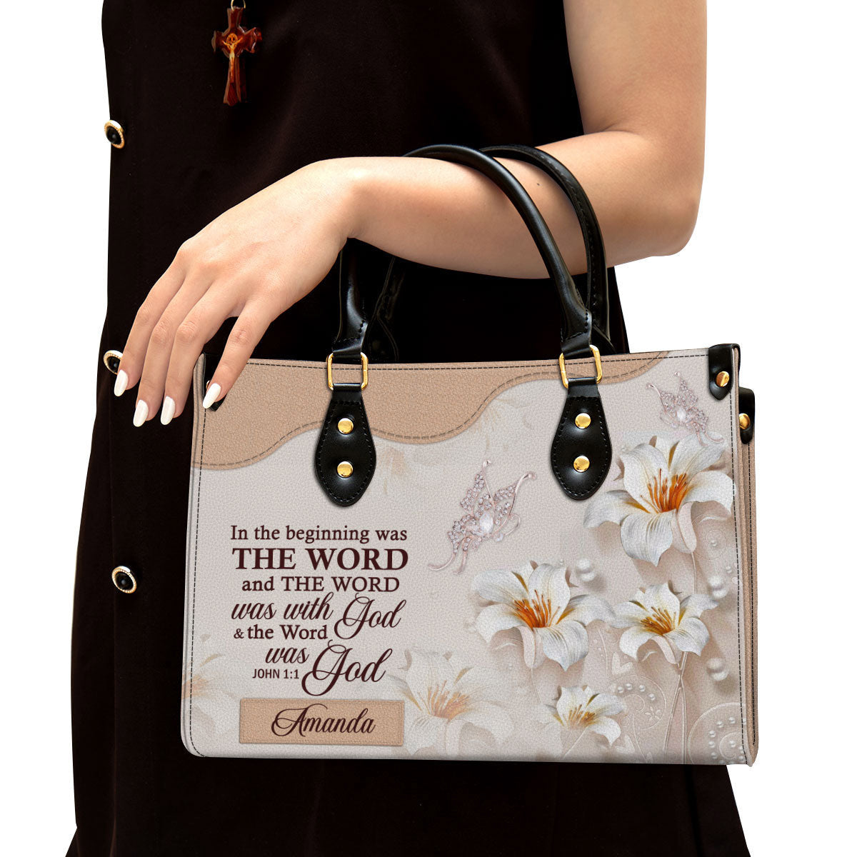 Personalized Lily Leather Bag In The Beginning Was The Word, Women Pu Leather Bag, Christian Gifts For Women
