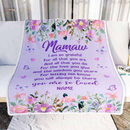 Personalized Mamaw Blanket From Granddaughter Grandson Floral Butterfly Love You Give, Mother's Day Blanket, Mothers Day Birthday Gifts For Mom