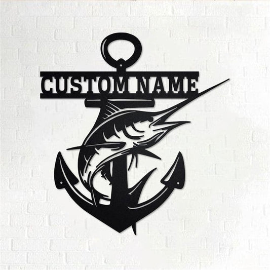 Personalized Metal Monogram Sign, Anchor Swordfish Metal Wall Art, Swordfish Name Sign, Swordfish Home Decor