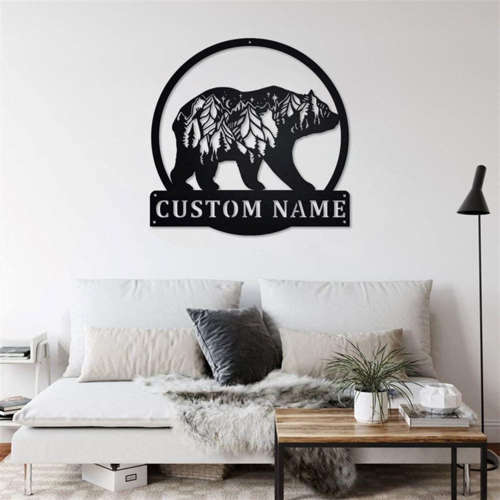 Personalized Metal Monogram Sign, Bear And Forest Decor Bear Metal Wall Decor, Night View Mountain Pattern Metal Wall Art, Bear Decor