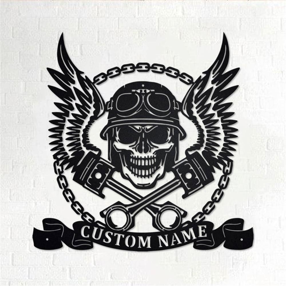Personalized Metal Monogram Sign, Biker Skull With Wings And Pistons Metal Wall Art, Biker Name Sign, Biker Home Decor