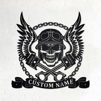 Personalized Metal Monogram Sign, Biker Skull With Wings And Pistons Metal Wall Art, Biker Name Sign, Biker Home Decor