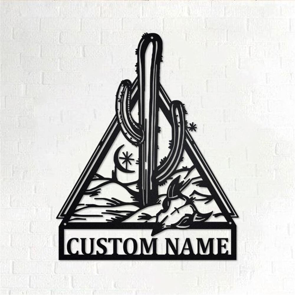 Personalized Metal Monogram Sign, Cactus With Cow Skull Metal Wall Art, Cactus Name Sign, Cactus Home Decor