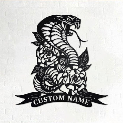 Personalized Metal Monogram Sign, Cobra Snake & Roses Metal Wall Art, Cobra Snake Name Sign, Cobra Snake Home Decor