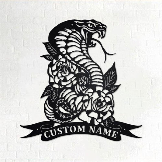 Personalized Metal Monogram Sign, Cobra Snake & Roses Metal Wall Art, Cobra Snake Name Sign, Cobra Snake Home Decor