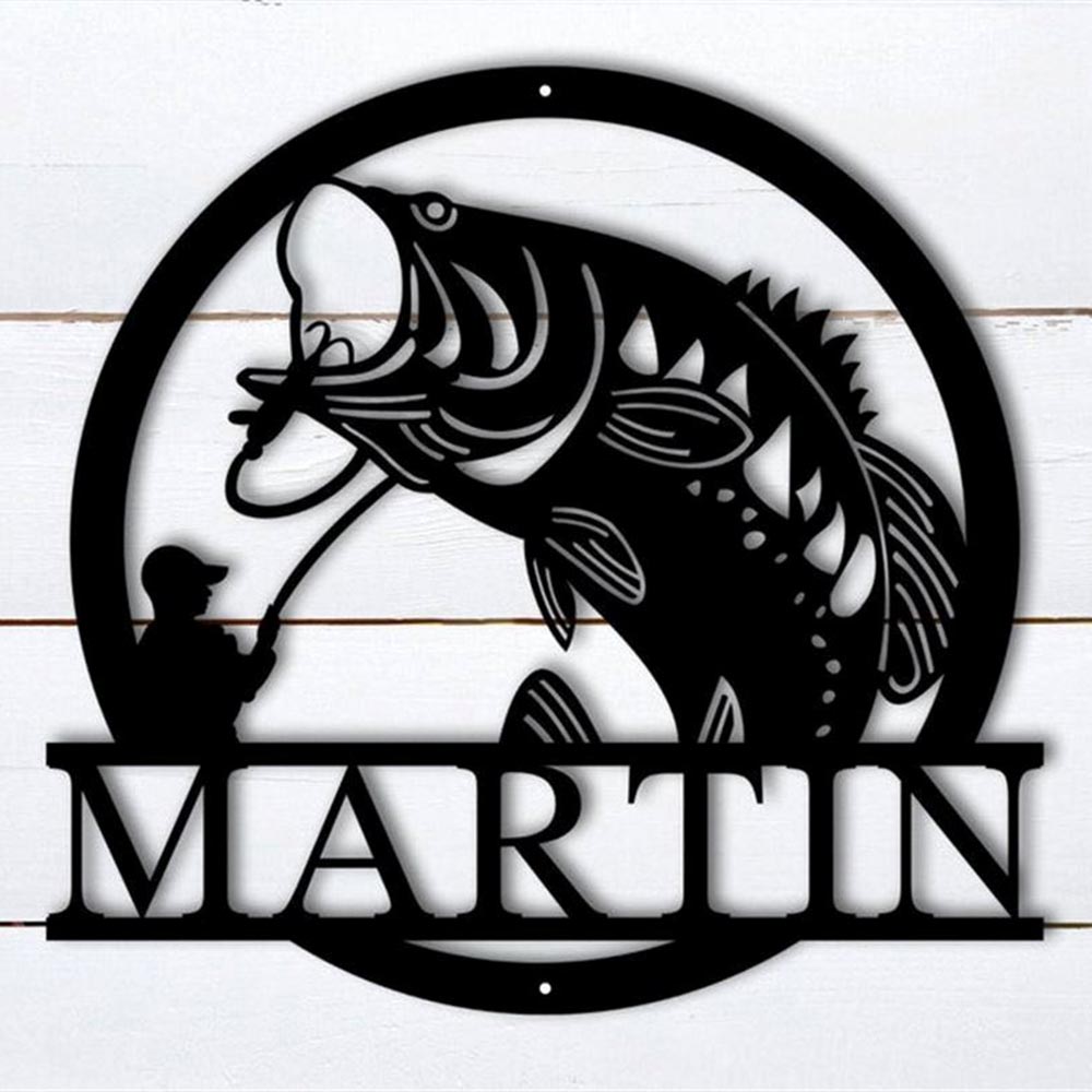 Personalized Metal Monogram Sign, Fish Metal Name Sign, Bass Fishing Metal Monogram, Fishing Gifts for Men, Metal Fish Sign, Fishing Metal Sign