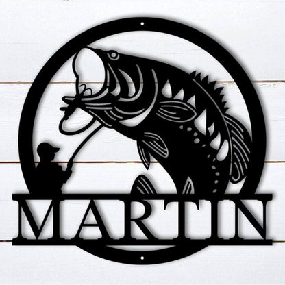 Personalized Metal Monogram Sign, Fish Metal Name Sign, Bass Fishing Metal Monogram, Fishing Gifts for Men, Metal Fish Sign, Fishing Metal Sign