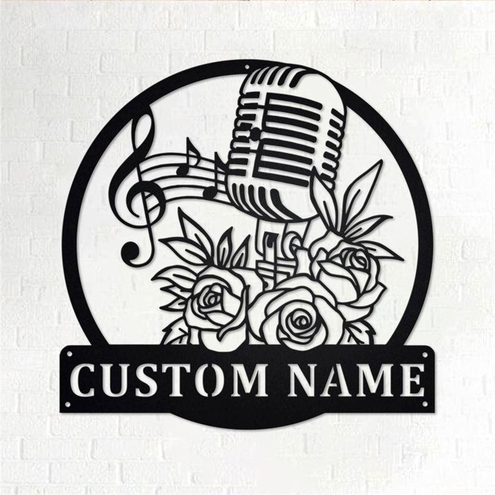 Personalized Metal Monogram Sign, Floral Microphone Metal Wall Art, Microphone Name Sign, Microphone Metal Home Decor