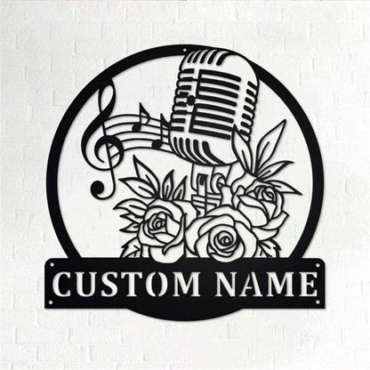 Personalized Metal Monogram Sign, Floral Microphone Metal Wall Art, Microphone Name Sign, Microphone Metal Home Decor