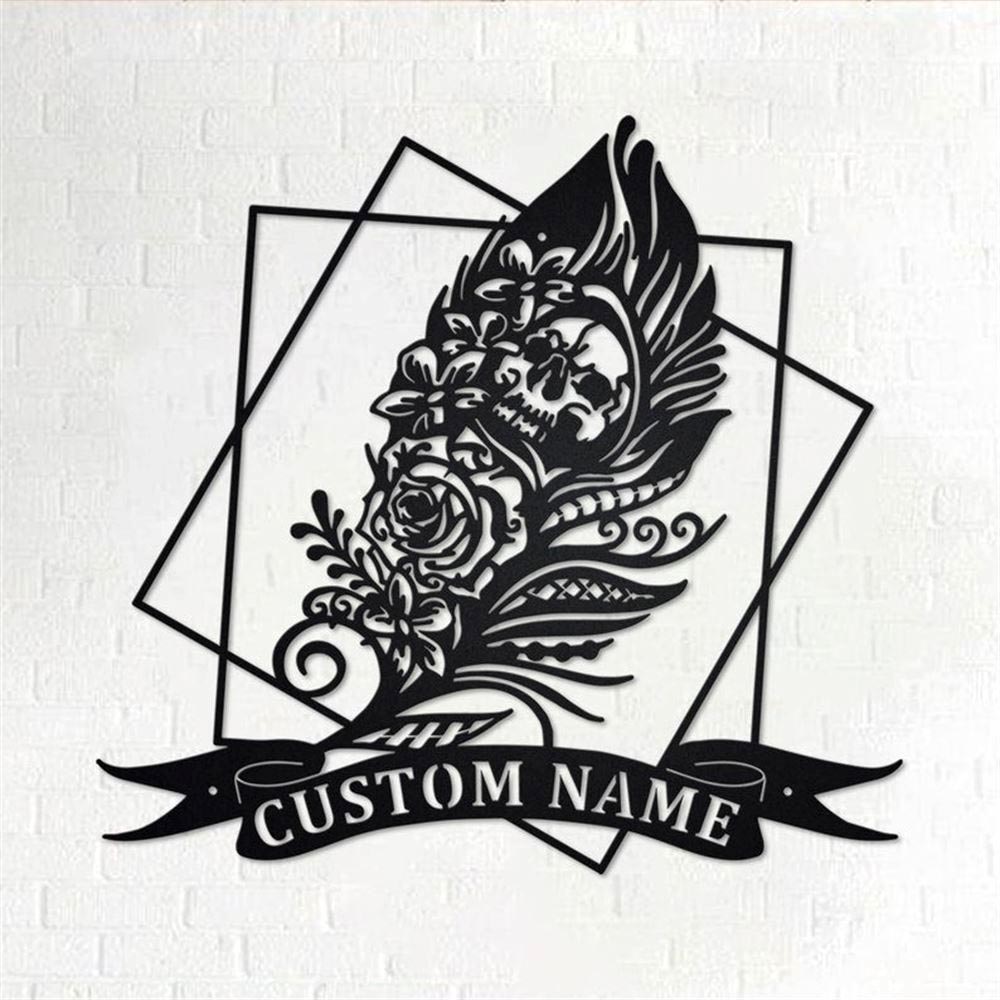 Personalized Metal Monogram Sign, Gothic Skull Feather Metal Wall Art, Gothic Skull Feather Name Sign, Feather Home Decor