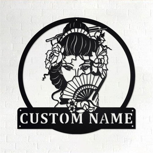 Personalized Metal Monogram Sign, Japanese Geisha Metal Wall Art, Geisha Name Sign, Geisha Home Decor