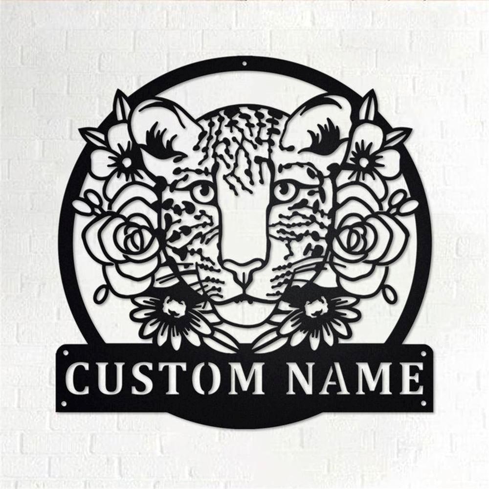 Personalized Metal Monogram Sign, Leopard With Flower Metal Wall Art, Leopard Name Sign, Leopard Metal Home Decor