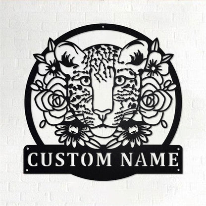 Personalized Metal Monogram Sign, Leopard With Flower Metal Wall Art, Leopard Name Sign, Leopard Metal Home Decor