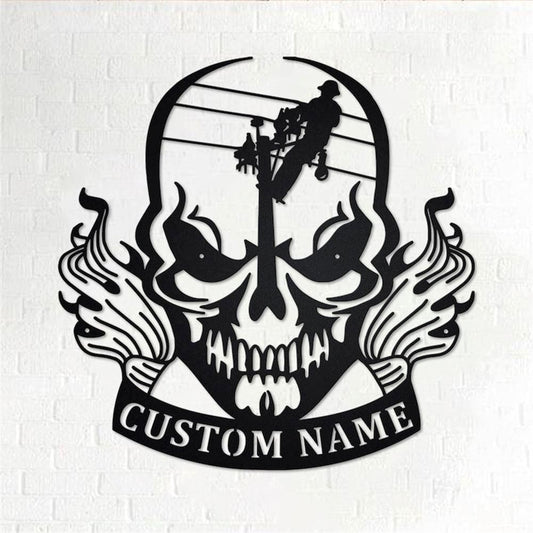 Personalized Metal Monogram Sign, Lineman Skull Metal Wall Art, Lineman Name Sign, Lineman Metal Home Decor