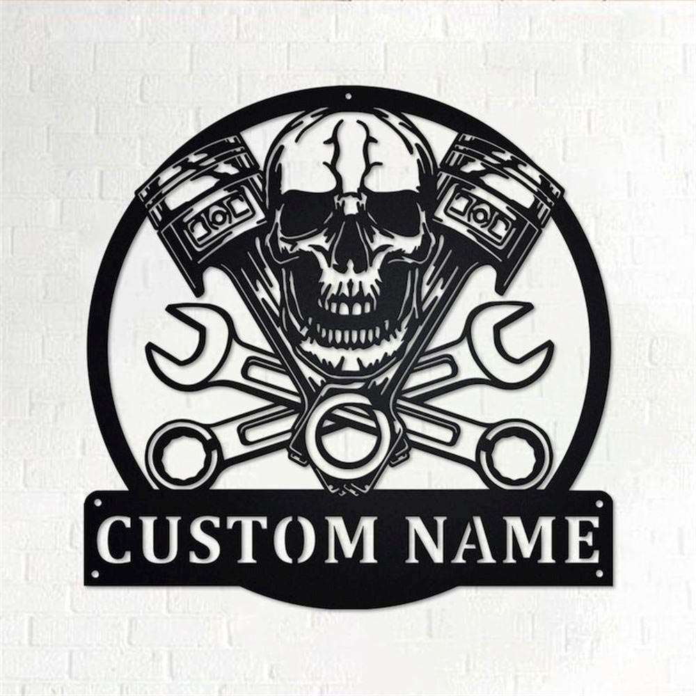 Personalized Metal Monogram Sign, Mechanic Skull Metal Wall Art, Mechanic Name Sign, Mechanic Home Decor
