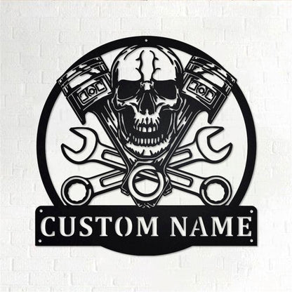 Personalized Metal Monogram Sign, Mechanic Skull Metal Wall Art, Mechanic Name Sign, Mechanic Home Decor
