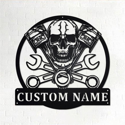 Personalized Metal Monogram Sign, Mechanic Skull Metal Wall Art, Mechanic Name Sign, Mechanic Home Decor