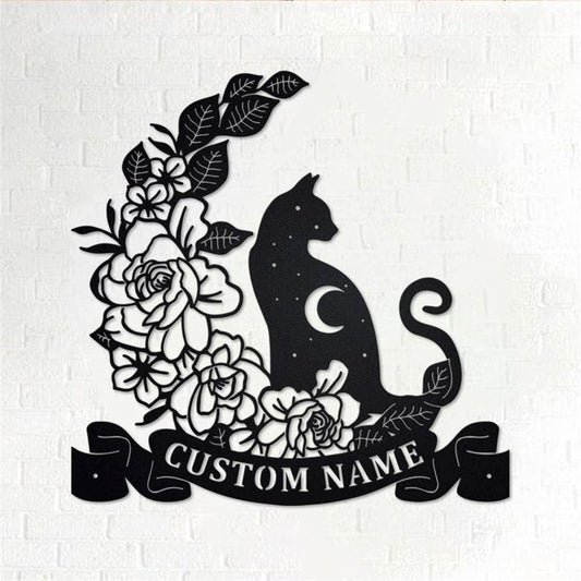 Personalized Metal Monogram Sign, Moon Cat Metal Wall Art, Cat Name Sign, Cat Metal Home Decor