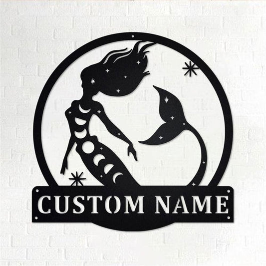 Personalized Metal Monogram Sign, Moon Mermaid Metal Wall Art, Moon Mermaid Name Sign, Moon Mermaid Home Decor